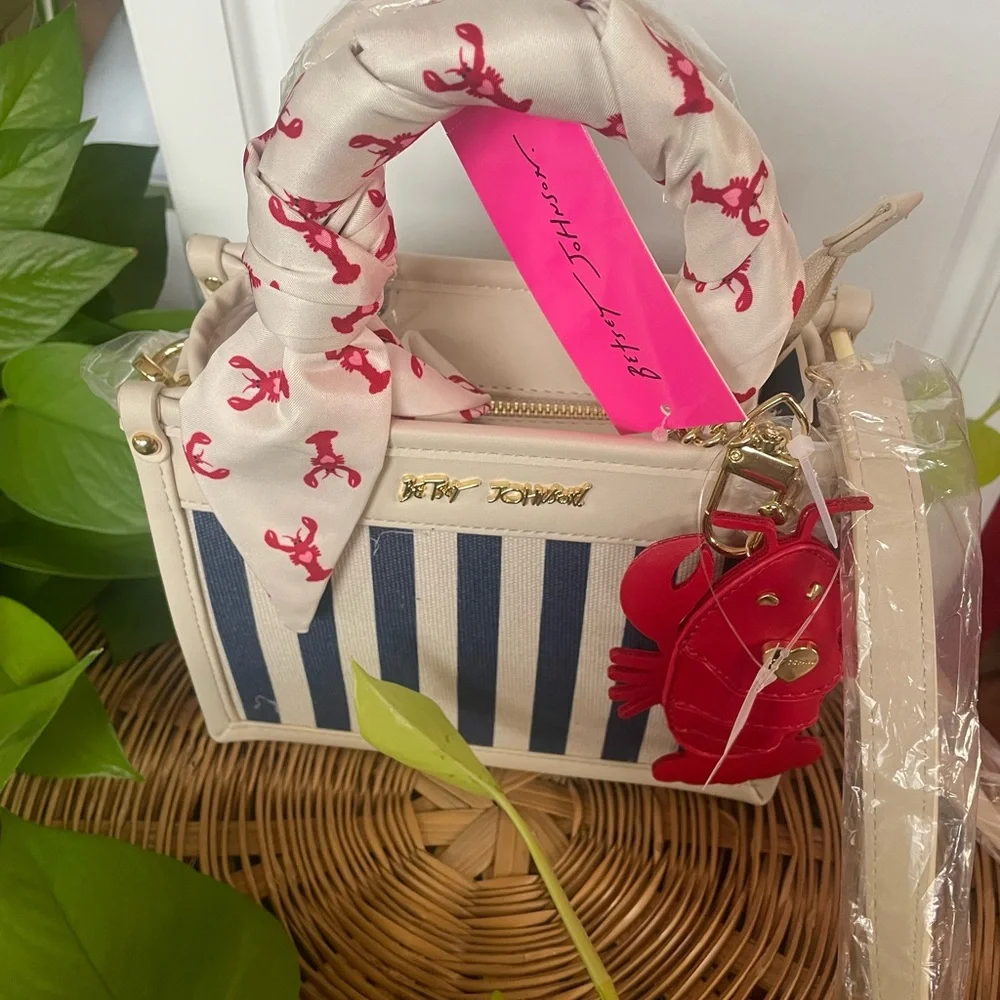 Betsy Johnson Cream & Navy Striped Women’s Tote with Lobster Charm and Scarf - Picture 2 of 3